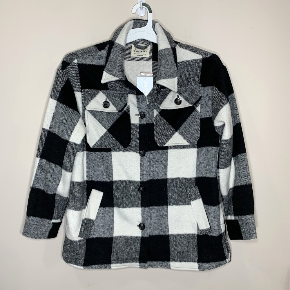 NEW Ashley Outerwear Flannel Jacket Buffalo Plaid Shacket Womens M Black/White
